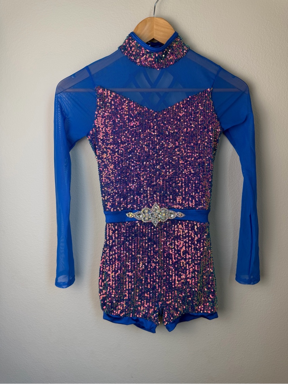 Weissman Girls Blue & Pink Sequin Dance Costume with Jewel Belt